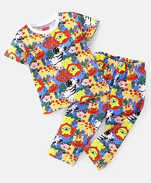 Babyhug Single Jersey Knit Half Sleeves Animal Print Night Suit - Multicolor