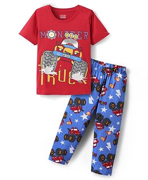 Babyhug Single Jersey Knit Half Sleeves Night Suit With Monster Truck Print - Red & Blue