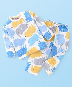 Babyhug Single Jersey Knit Full Sleeves Elephant Print Night Suit - Multicolor