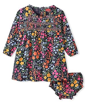 Babyhug 100% Cotton Single Jersey Knit Full Sleeves Frock With Bloomer Floral Print - Blue