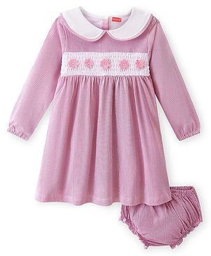 Babyhug 100% Cotton Single Jersey Knit Full Sleeves Striped Frock With Bloomer & Floral Applique - Pink