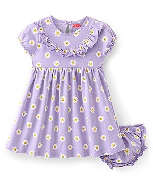 Babyhug 100% Cotton Single Jersey Knit Half Sleeves Frock With Bloomer Floral Print - Purple