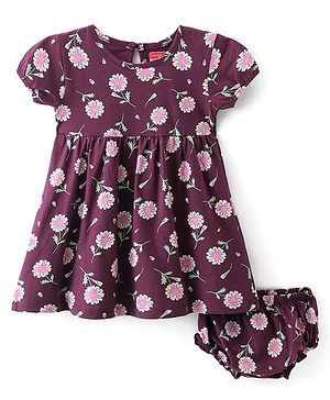 Babyhug 100% Cotton Single Jersey Knit Half Sleeves Frock With Bloomer Floral Print - Maroon