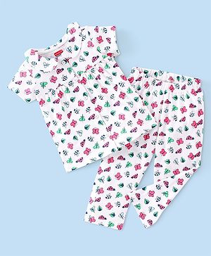 Babyhug Single Jersey Cotton Knit Half Sleeves Night Suit Butterfly Print - White