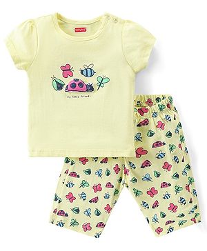 Babyhug Cotton Knit Half Sleeves Capri set Butterfly Print - Yellow
