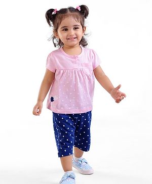 Babyhug Cotton Knit  Half Sleeves Capri Night Suit With Heart Print - Pink & Navy Blue