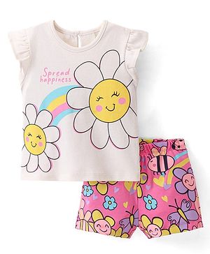 Bonfino 100% Cotton Frill Sleeves  T-Shirt & Shorts Set Flowers & Bee Print - Ivory & Pink