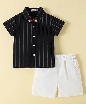 Kookie Kids Half Sleeves Shirt & Shorts Set Striped With Bow Applique - Black & White