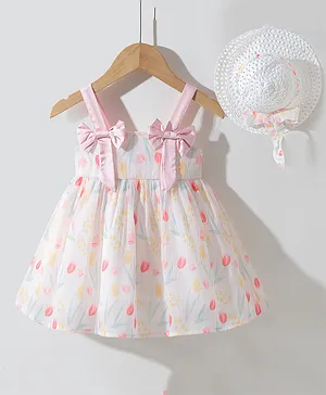 Kookie Kids Singlet Sleeves Floral Printed & Bow Detailing Frock with  Hat - Pink & White