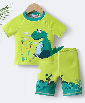 Kookie Kids Half Sleeves Two Piece Swimsuit Dino Print - Yellow
