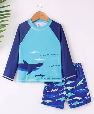 Kookie Kids Raglan Full Sleeves Shark Printed Two Pieces Swimsuit - Blue