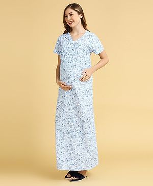 MomToBe Half Sleeves Floral Swirl Printed Nighty With Concealed Zipper Nursing Access - Blue