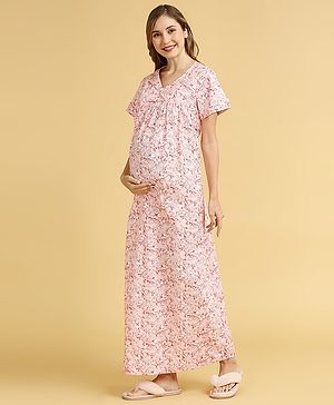 MomToBe Half Sleeves All Over Floral Printed Nighty With Concealed Zipper Nursing Access - Pink