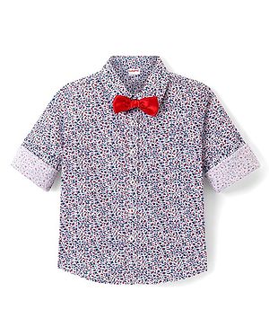 Babyhug Full Sleeves Party Wear Cotton Shirt With Bow - White