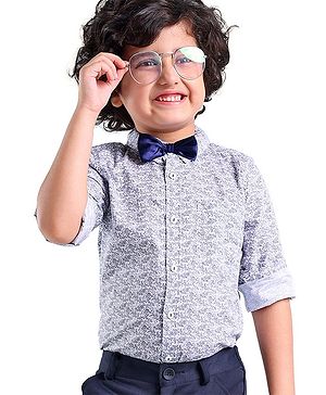 Babyhug Woven Party Wear Full Sleeves Shirt With Bow Floral Print - Blue