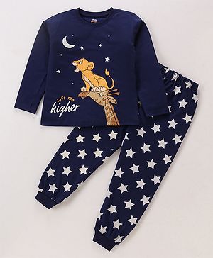 Babyhug Disney 100% Cotton Knit Single Jersey Half Sleeve Night Suit with Lion King Graphics - Navy Blue