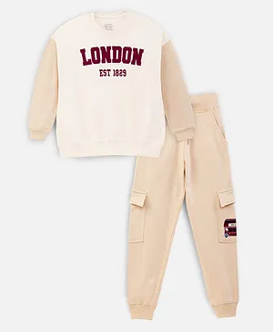Nap Chief Pure Cotton Full Sleeves London Text Printed Tee & Joggers Set -  White