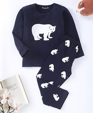 Funkrafts Premium Cotton Full Sleeves Polar Bear Printed Coordinating Tee & Pajama Set - Navy Blue