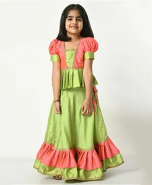 ADRA KIDS Puffed Half Sleeves Motif Foil Printed & Lace Embellished Coordinating Lehenga & Choli Set - Pista Green & Pink