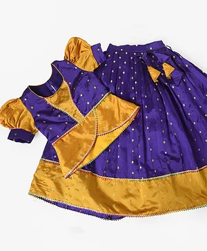 ADRA KIDS Puffed Half Sleeves Motif Foil Printed & Lace Embellished Coordinating Lehenga & Choli Set - Purple & Golden