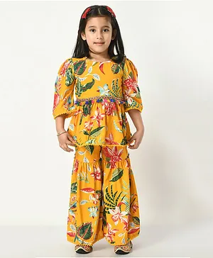 ADRA KIDS Puffed Three Fourth Sleeves Floral Printed & Lace Embellished Coordinating Peplum Kurta & Sharara Set - Yellow