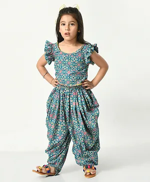 ADRA KIDS Cotton Frill Sleeves Seamless Ethnic Motif Printed Top With Dhoti Set - Turquoise