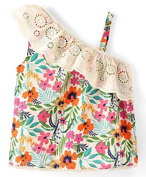 Babyhug Rayon Woven Sleeveless Top with Lace Detailing & Floral Print- Off White