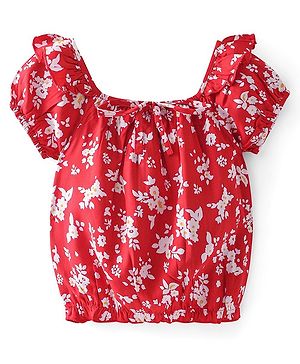 Babyhug Rayon Woven Half Sleeves Floral Printed Top - Red