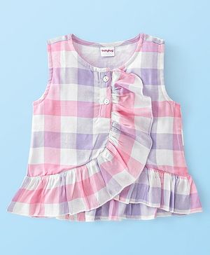 Babyhug Sleeveless Top with Checks & Frill Design - Pink & Purple