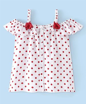 Babyhug Rayon Woven Cold Shoulder Sleeves Top with Floral Applique & Polka Dot Print-  White