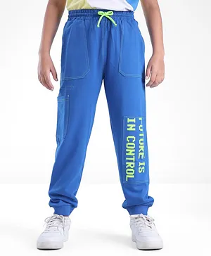 Arias Cotton Looper Knit Full Length Text Printed Stretchable Jogger Pant - Blue