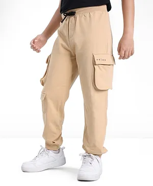 Arias Cotton Stretch Looper Knit Full Length Jogger Pant with Text  Print - Beige
