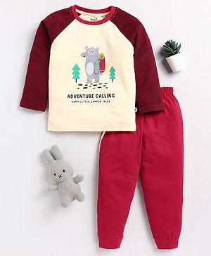 TOONYPORT Raglan Full Sleeves Adventure Calling Printed Sweatshirt With Joggers Set - Cream Maroon