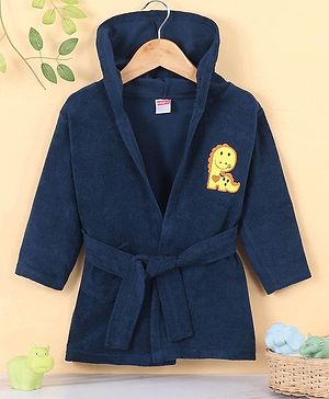Babyhug Terry Knirt Full Sleeves Bath Robe With Hood Dino Embroidery - Navy Blue