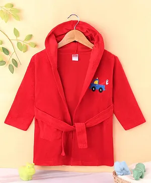 Babyhug Terry Knit Full Sleeves Hooded Bath Robe With Car Embroidery - Red