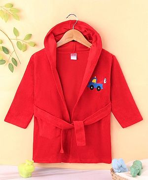 Babyhug Terry Knit Full Sleeves Hooded Bath Robe With Plane Embroidery - Red