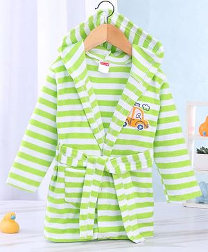 Babyhug Terry Knit Full Sleeves Striped Bath Robe With Hood and Car Embroidery - Green