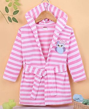 Babyhug Terry Knit Full Sleeves Bath Robe With Hood Owl Embroidery - Pink