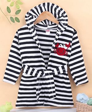 Babyhug Terry Knit  Full Sleeves Bath Robe With Hood and Crab Embroidery - Navy Blue & White