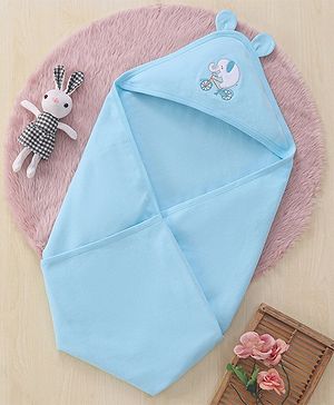 Babyhug Interlock Wrapper With Hood Elephant on a Cycle Print L 76.2 x B 76.2 cm - Blue