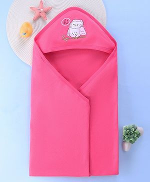 Babyhug Terry Interlock Wrapper With Hood Owl Print L 76.2 x B 76.2 cm - Pink