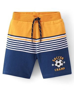 Babyhug Cotton Looper Knit Knee Length Shorts Soccer Ball Print - Yellow White & Blue