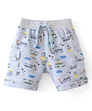 Babyhug Cotton Looper Knit Shorts Beach Theme Print - Blue