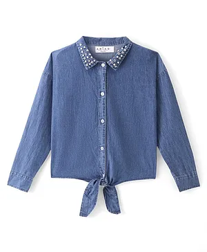 Arias Cotton Woven Full Sleeves  Knotted  Embellished Light Washed  Top - Blue