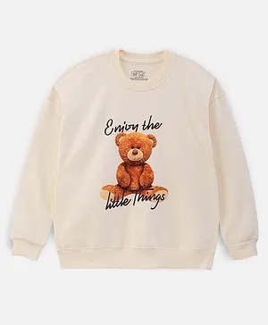 Nap Chief  Pure Cotton Full Sleeves Teddy Bear Printed Sweatshirt - Off White