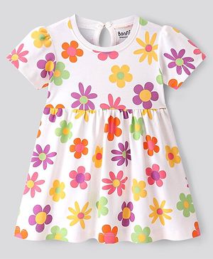 Bonfino Cotton Knit Half Sleeves Frock with Floral Print - Ivory
