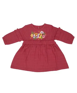 A Toddler Thing 100% Muslin Organic Cotton Full Sleeves Floral Embroidered Dress - Red