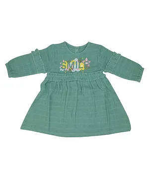 A Toddler Thing 100% Muslin Organic Cotton Full Sleeves Smile Text  Embroidered Dress - Teal Blue