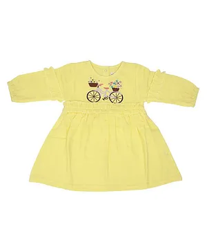 A Toddler Thing 100% Muslin Organic Cotton Full Sleeves Cycle  Embroidered Dress - Yellow