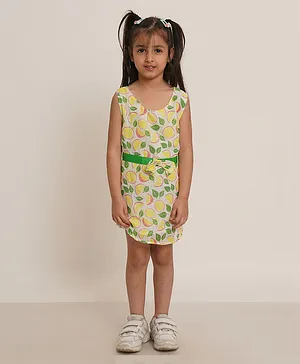 Creative Kids  Sleeveless Fruits Printed Cotton A Line Dress - Green & Yellow